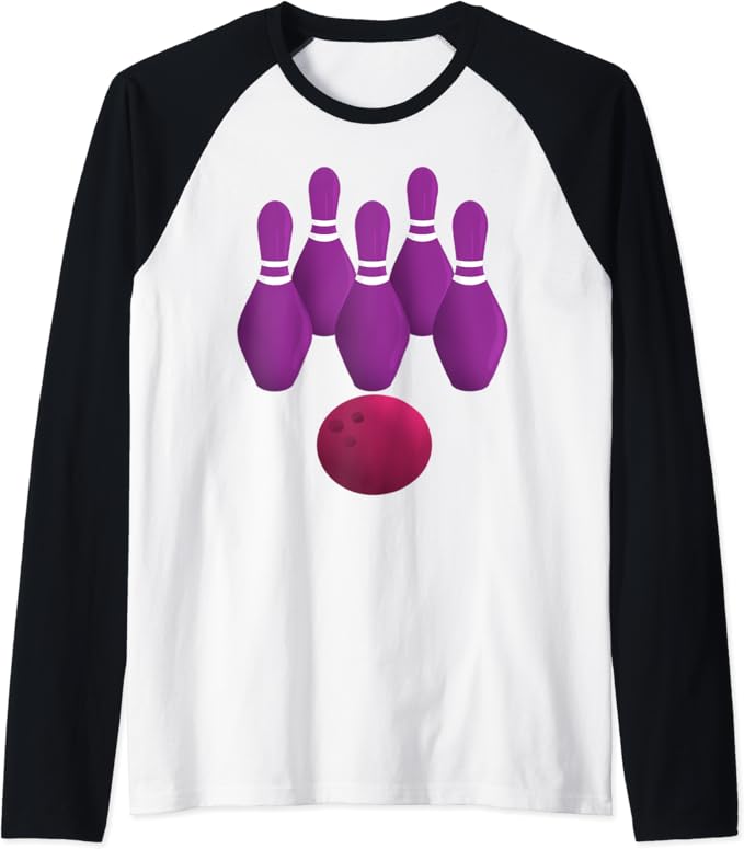 Purple Bowling Pins Ball Team Raglan Baseball Tee Amazon.co.uk Fashion